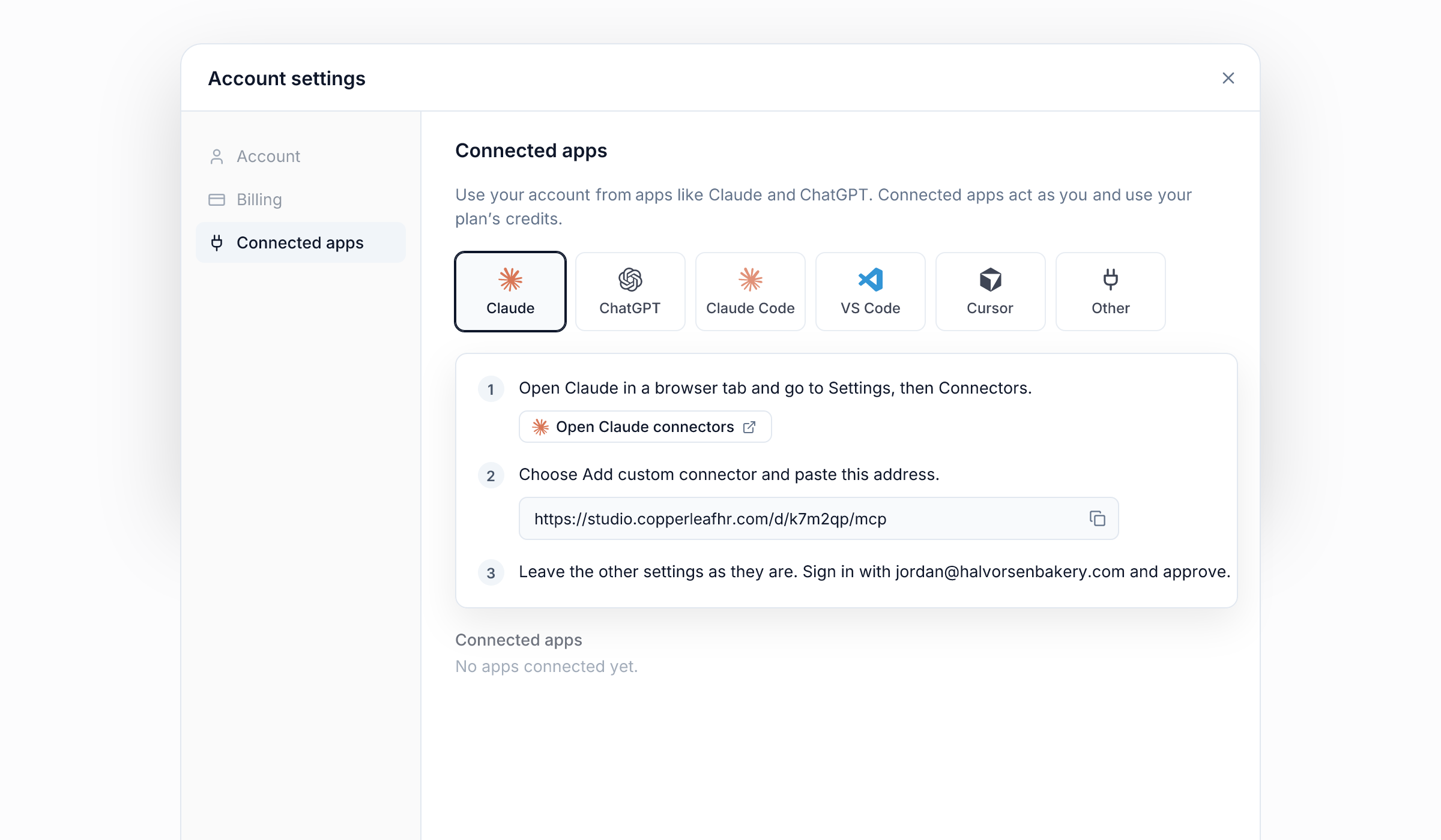 The Connected apps settings in Copperleaf's portal, with setup steps for Claude and the portal's MCP address