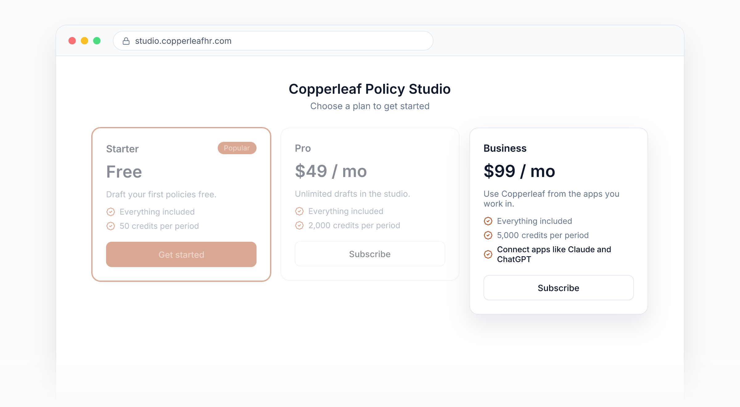A pricing screen with Starter, Pro and Business plans, where Business includes connecting apps like Claude and ChatGPT
